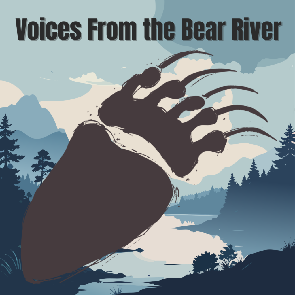 The logo for the Voices From the Bear River podcast that includes a bear pawprint in front of a river. 