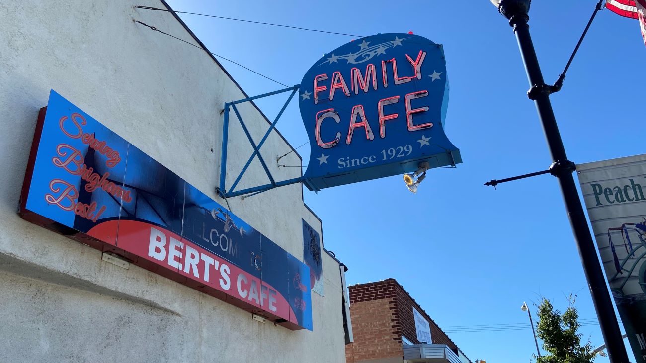 Bert's Family Café sign on Main Street in Brigham City.