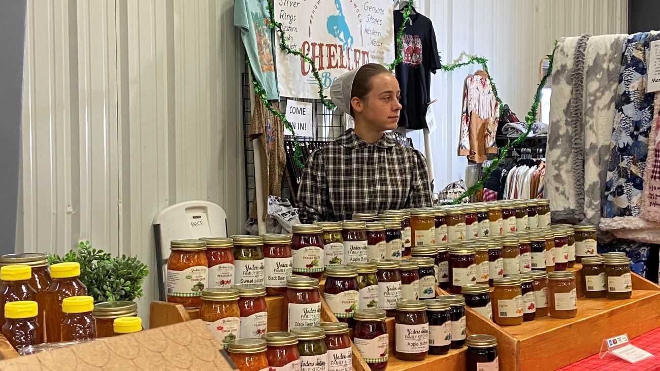 The Yoder Family Farm's vendor booth at the Cowboy Christmas Market in Tremonton, Utah.