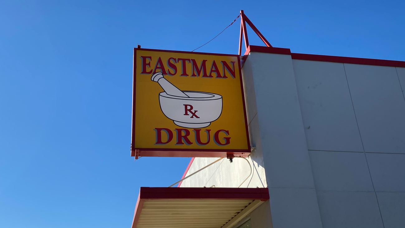 Sign for Eastman Drug in Soda Springs, Idaho.