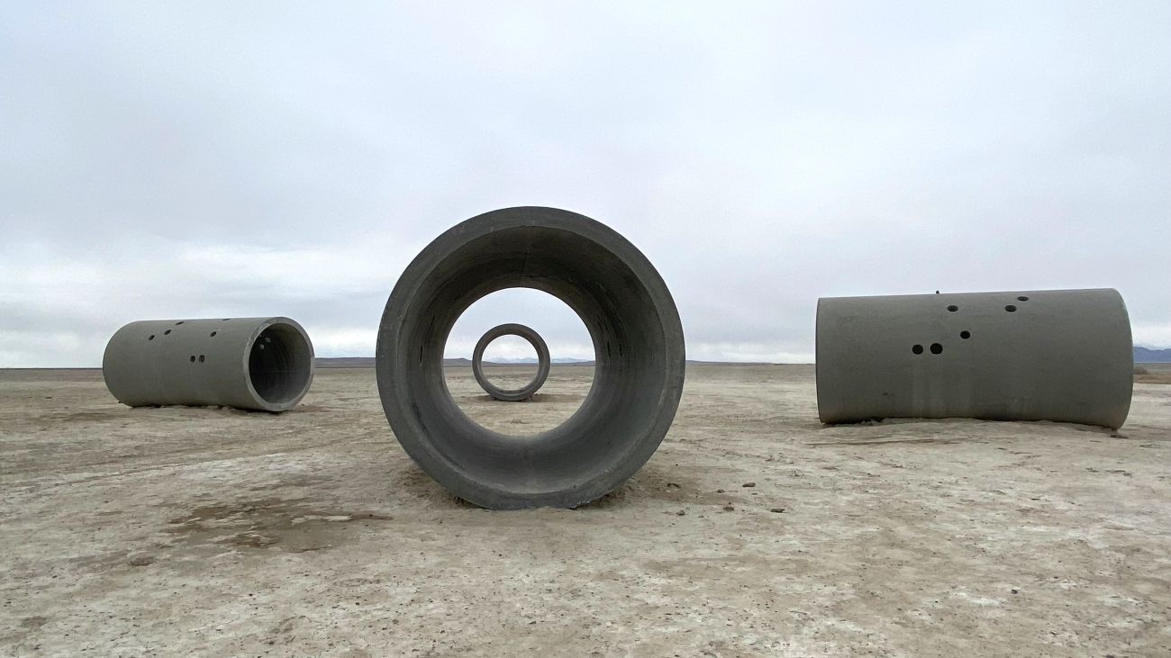 A wide shot of all four sun tunnel sculptures in Box Elder County, Utah.